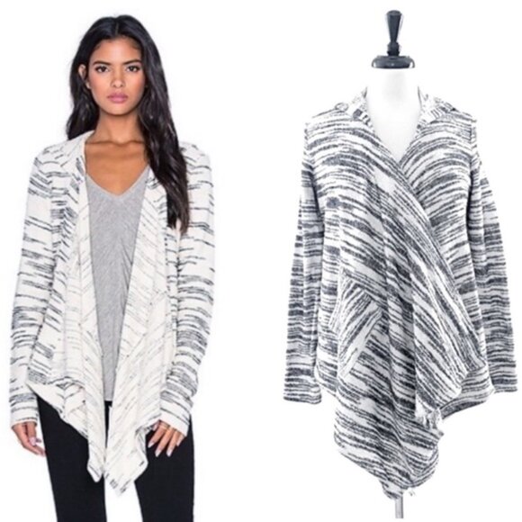 Bella Luxx White w Black Blanket Stripe Draped Waterfall Open Hooded Cardigan S - Picture 1 of 8